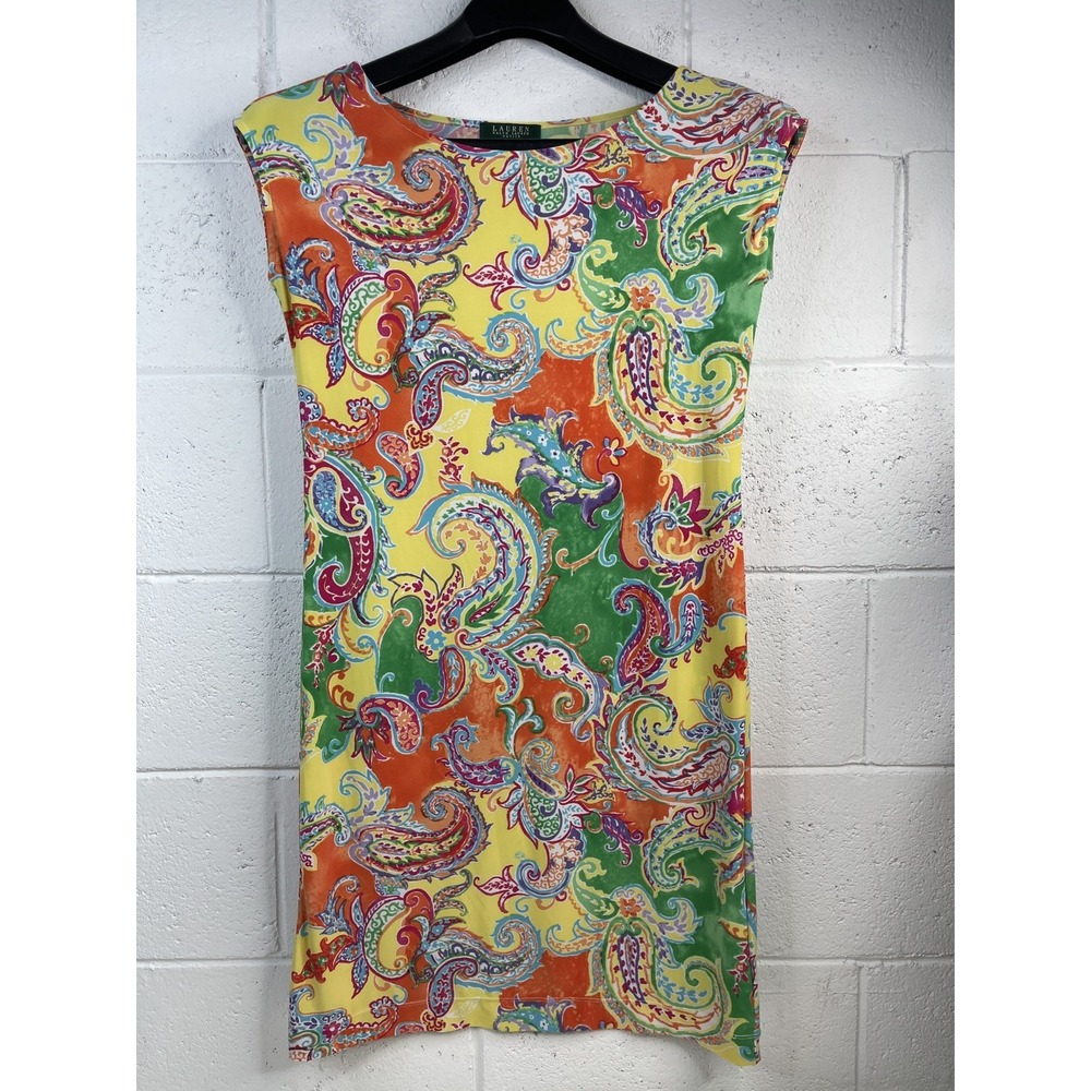 Lauren Ralph Lauren Women's Petite M Bright Paisley Sheath Dress Stretch Belted
